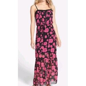 Kensie Dress Women's Junior Sz XL Maxi Black Pink Floral Chiffon Tiered Lined